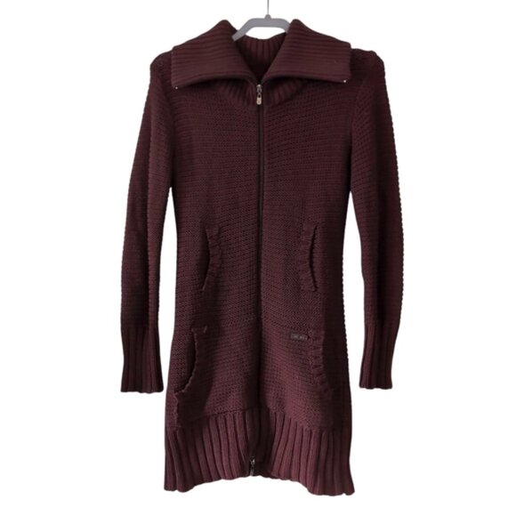 BCBGMaxAzria Sweaters - BCBGMaxAzria Y2K 2000s Chunky Long Lined Zip Pocket Cotton Boho Cardigan M